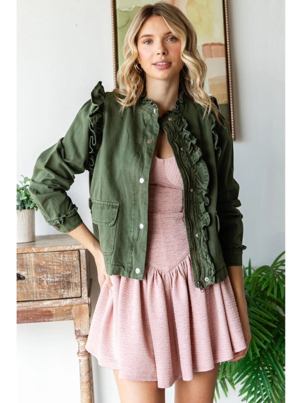 Veveret Olive Green Jacket Front Zip Ruffle Accents Coat Small New Nwt